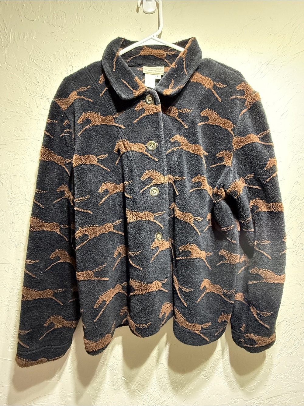 Coldwater Creek Black/Brown Horse Print Button-Up Fleece Jacket XL